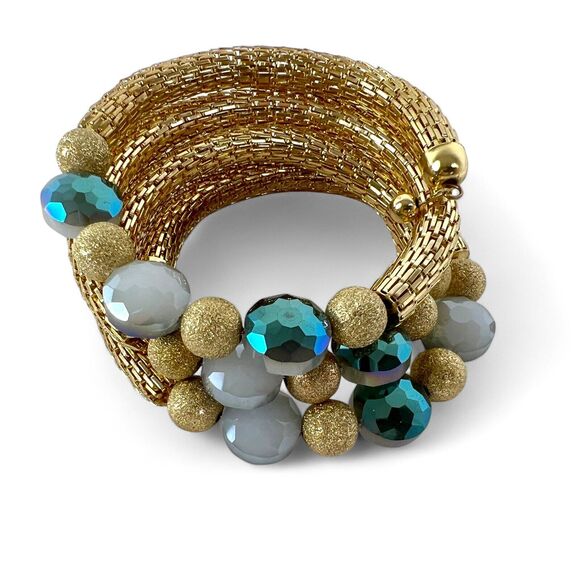 Bracelet Lot 6 Wire Coil Wrap Beaded Iridescent Colorful Charms Rhinestones - Picture 9 of 13